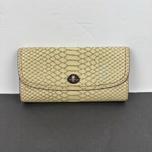 Coach Turn Lock Wallet Snakeskin Croc Embossed Tan Beige Trifold Clutch Rare